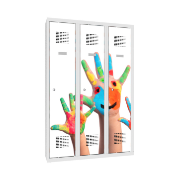 Třídveřová kovová šatní skříň s grafickým potiskem Sum 330 W UV
